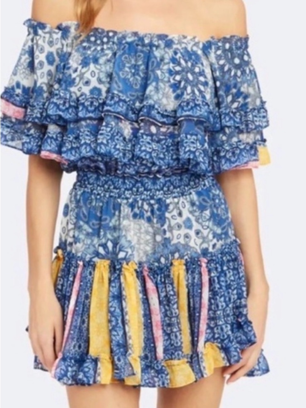 Misa Los Angeles Blue Off-Shoulder Ruffle Mini Dress with Yellow & Pink Accents